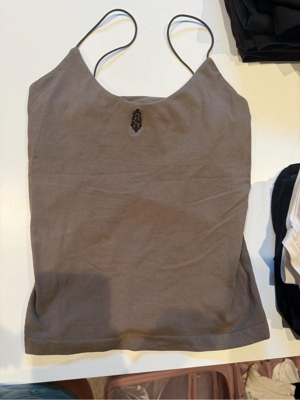 FP Movement by Free People Ribbed Camisole Tank - Taupe with Black Embroidery